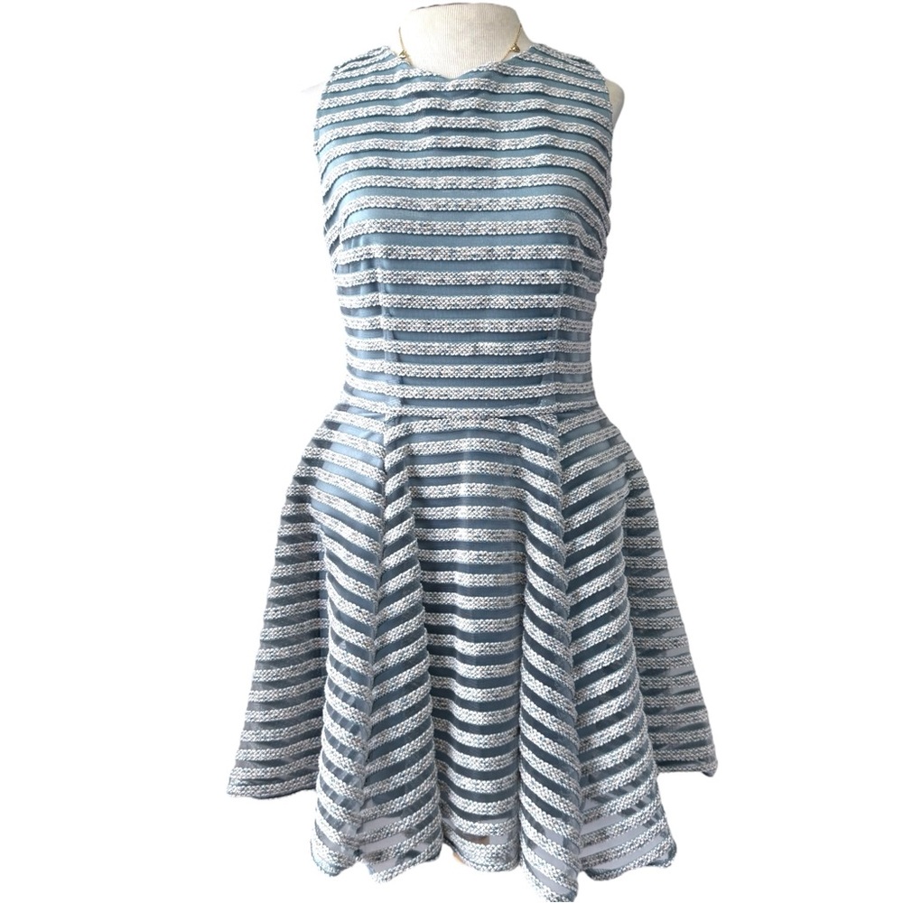 Ultra Pink Elegant Striped Blue and White sheer lace midi Dress